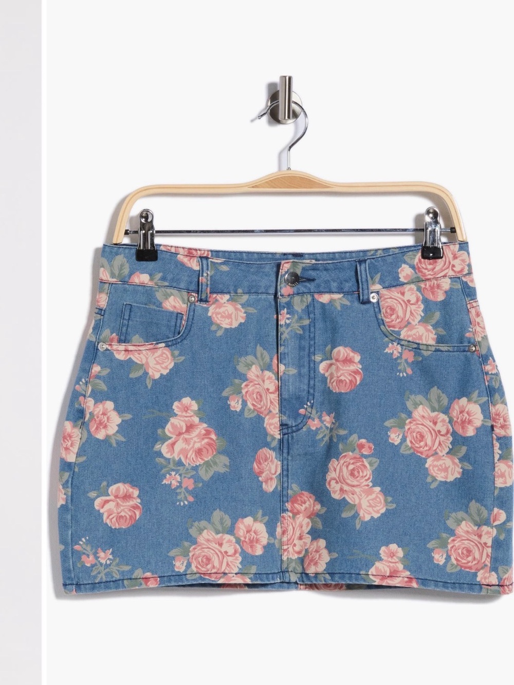 Vigoss Denim Mini Skirt with Pink Rose Print